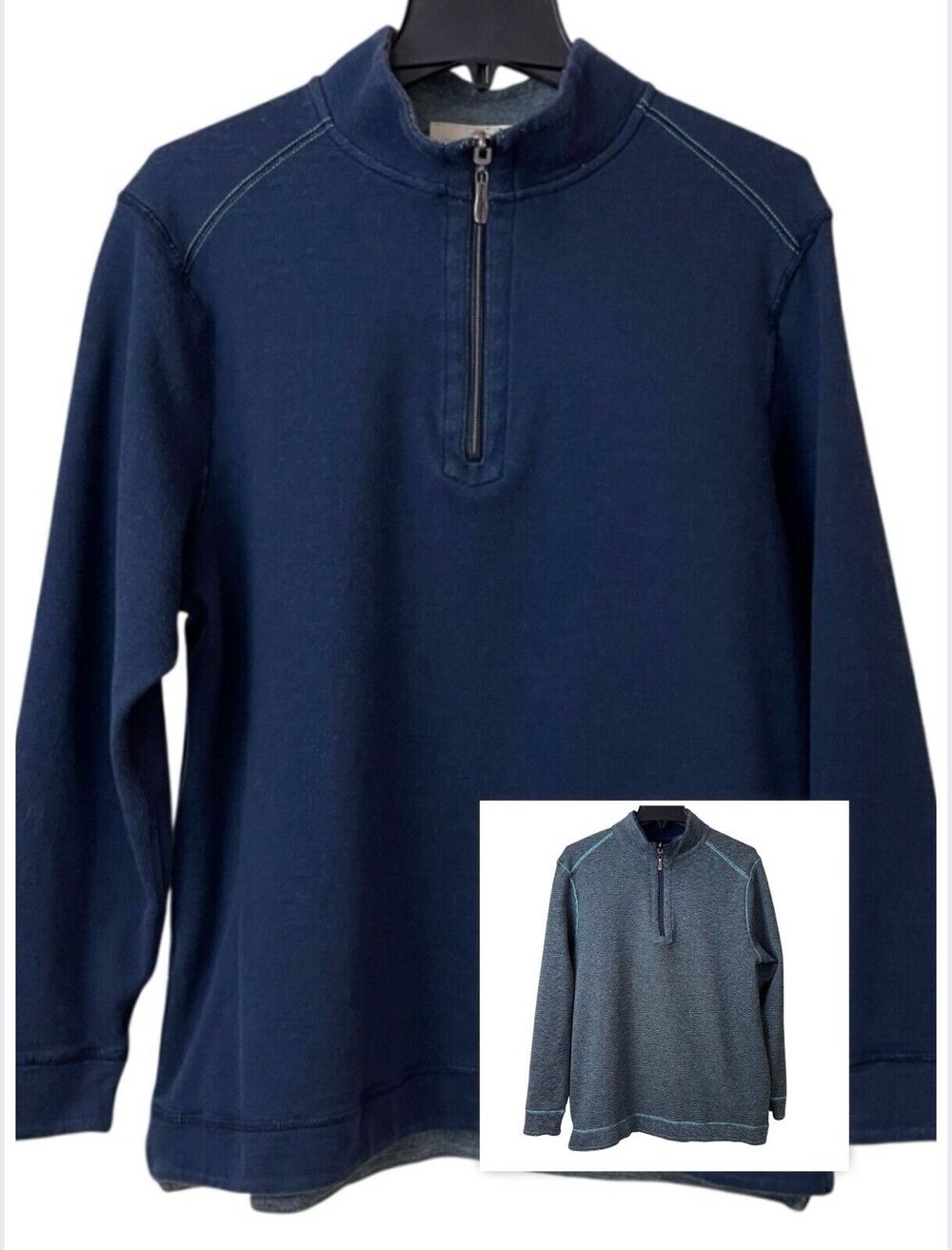 Tommy Bahama 1/4 Zip Sweater Mens M Blue Gray Reversible Pullover Embroidered